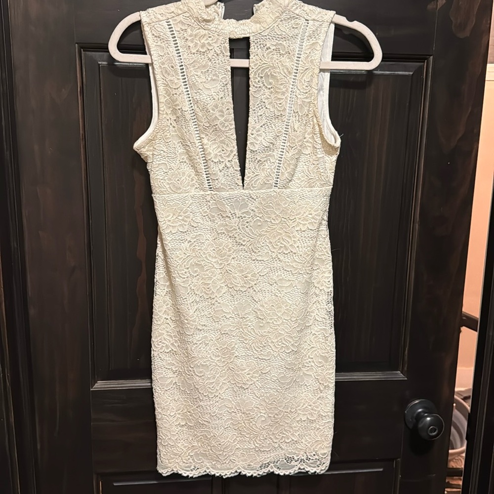 Stretchy Fitted Lace Overlay White Dress Small